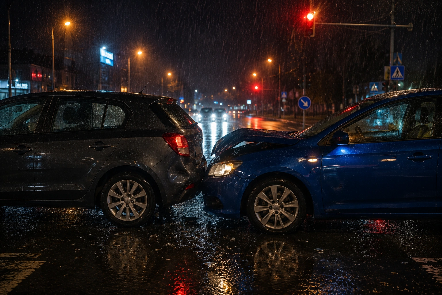 Kolizja samochodowa nocą na mokrej drodze