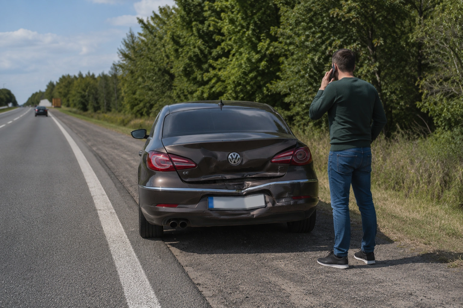 Uszkodzony samochód przy drodze i kierowca rozmawiający przez telefon