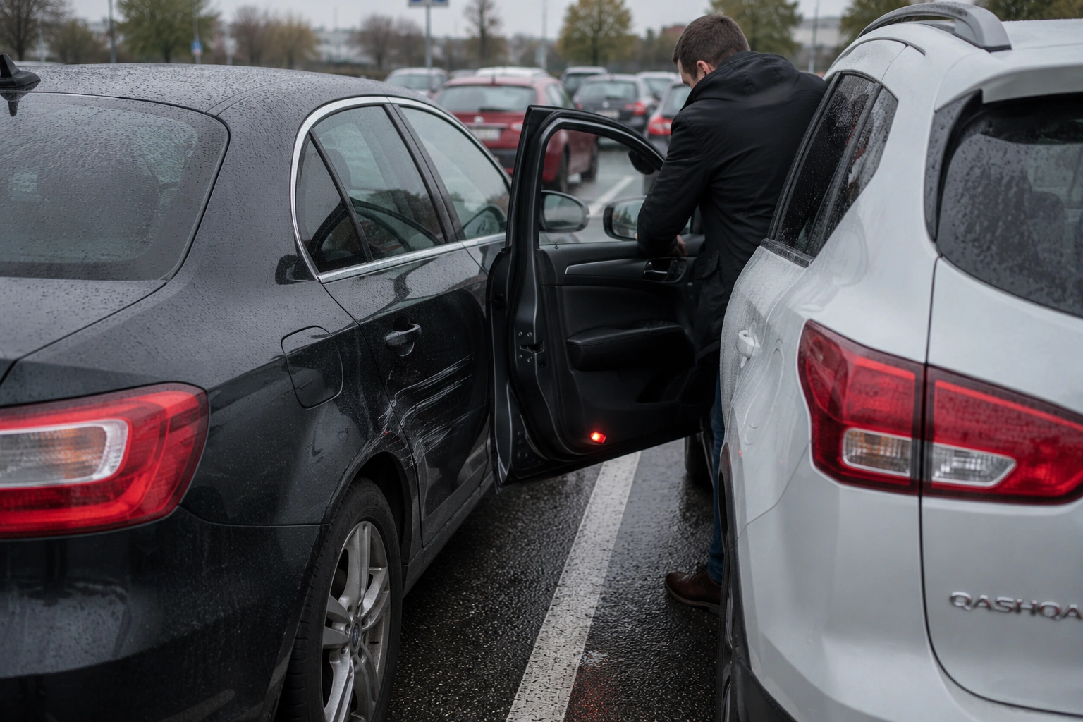 Beschädigte Fahrzeugtür nach einer Kollision auf dem Parkplatz